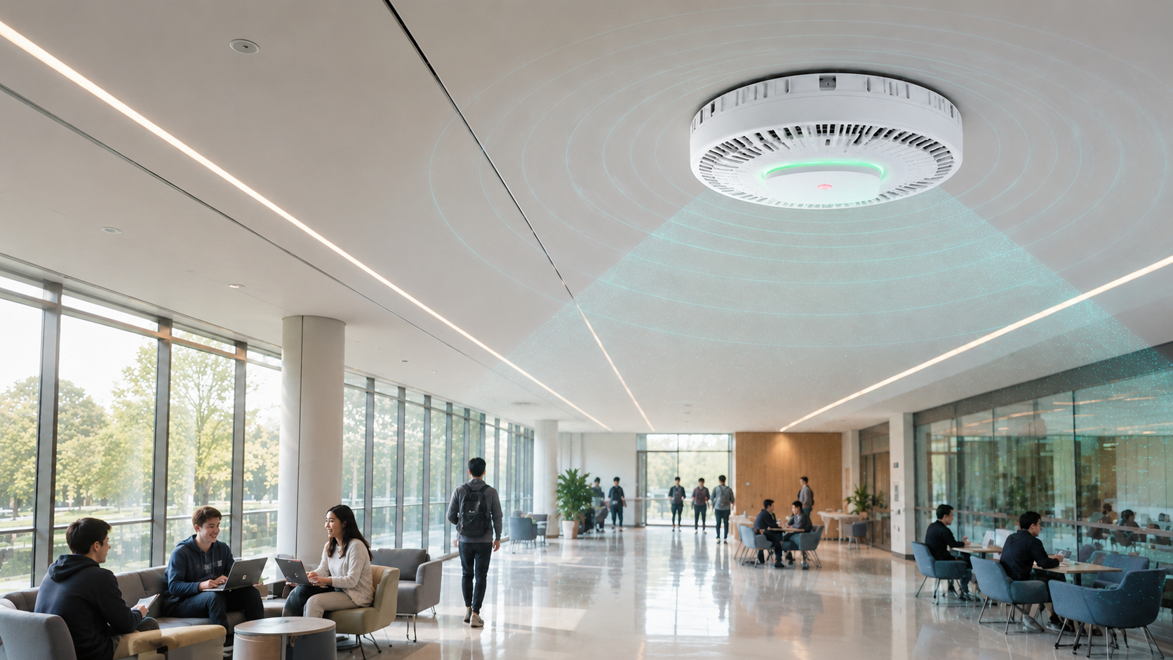 TP-SNS01 ceiling-mounted in an enterprise lobby